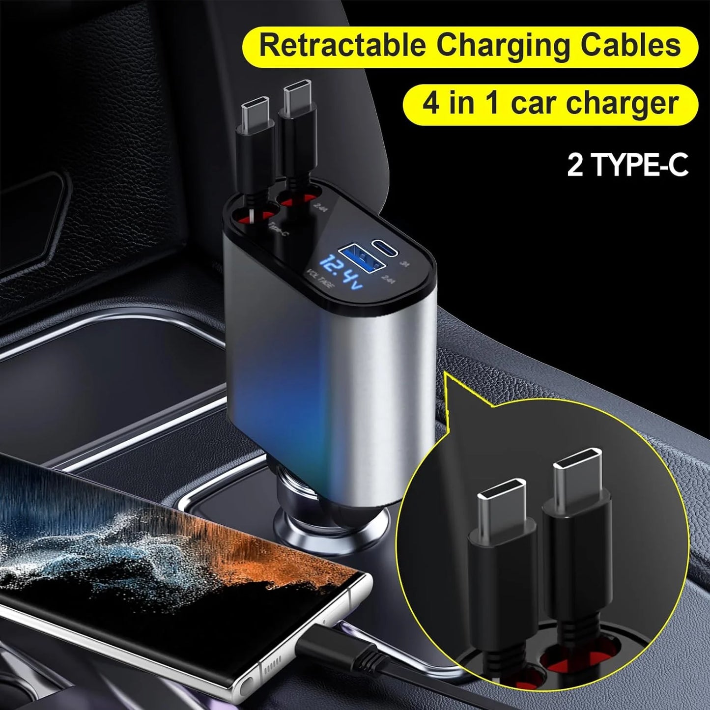 4 in 1 Fast Car Phone Charger 66W, Retractable Cables and USB Car Charger,Compatible with Iphone 15/14/13/12/11,Galaxy,Pixel