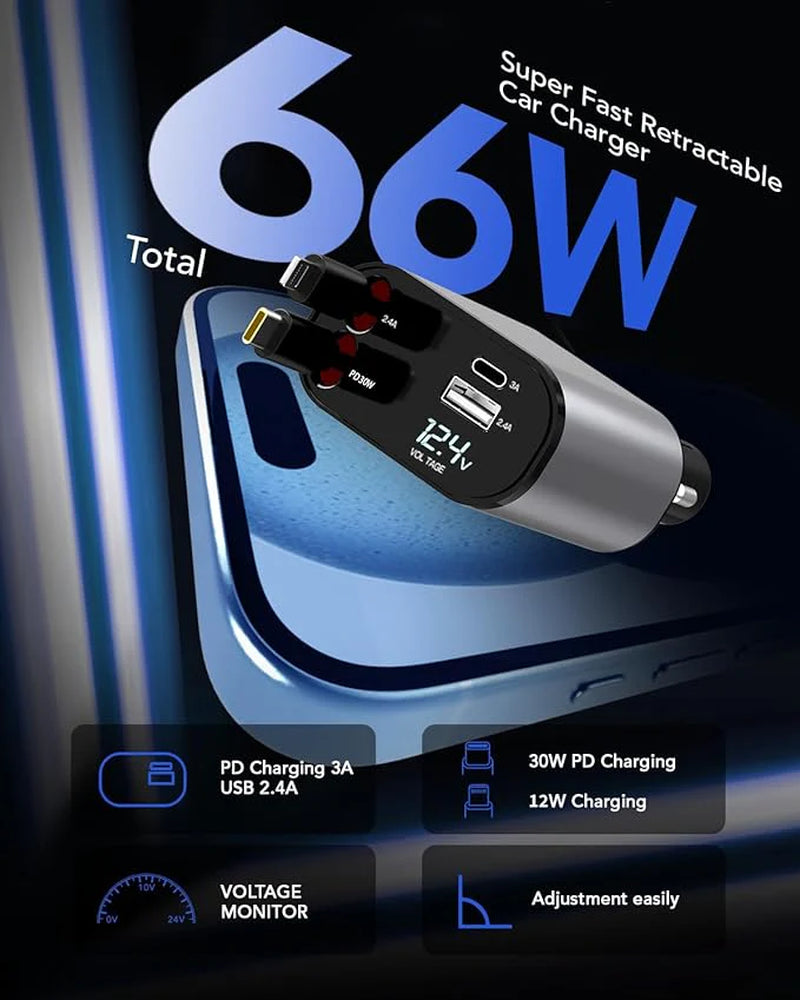 4 in 1 Fast Car Phone Charger 66W, Retractable Cables and USB Car Charger,Compatible with Iphone 15/14/13/12/11,Galaxy,Pixel