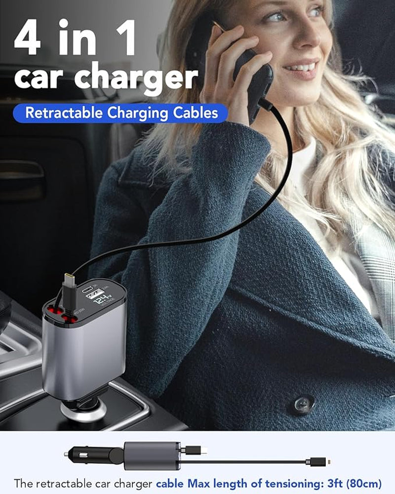 4 in 1 Fast Car Phone Charger 66W, Retractable Cables and USB Car Charger,Compatible with Iphone 15/14/13/12/11,Galaxy,Pixel